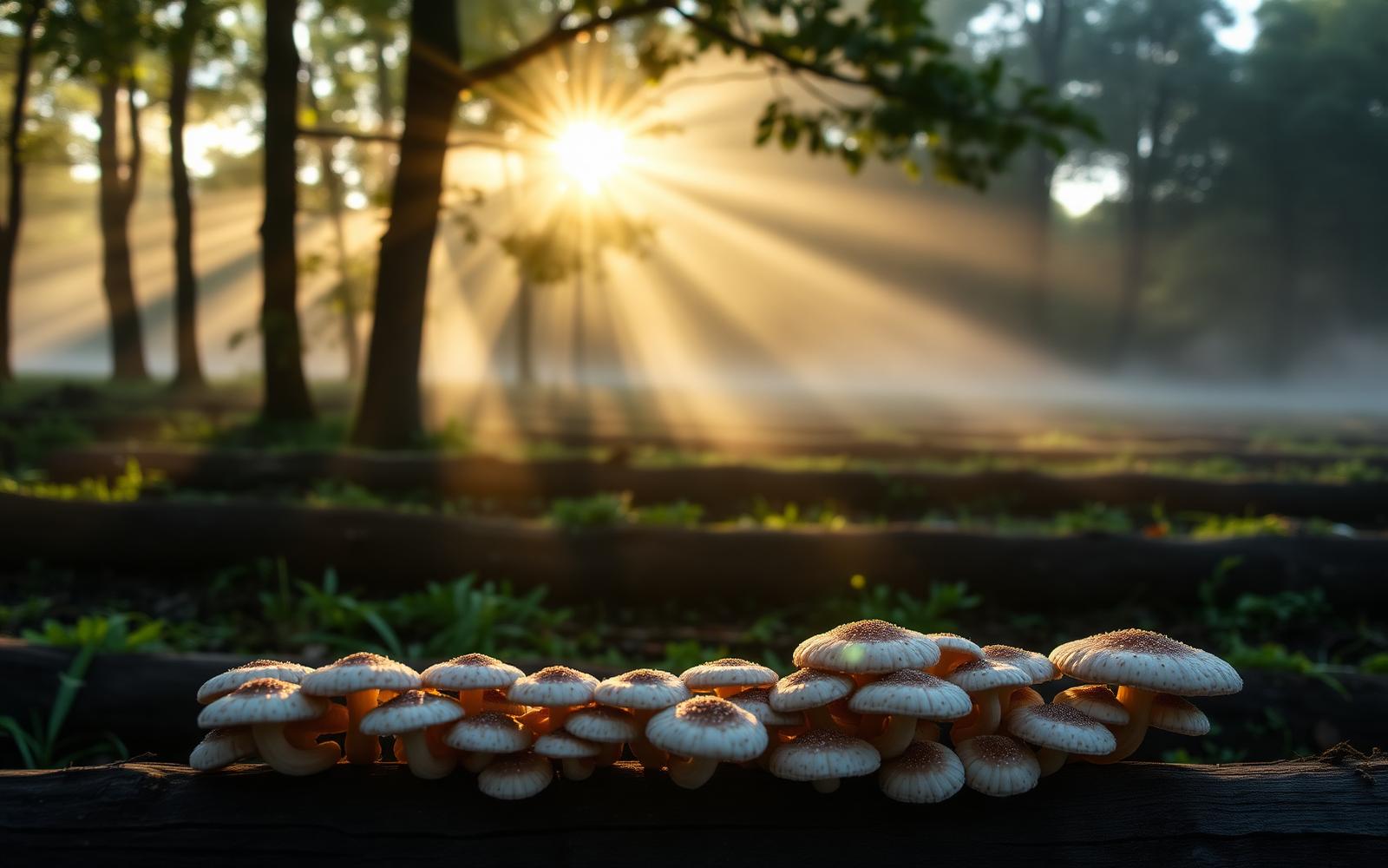 Morning sunlight through the trees of an Indian mushroom farm