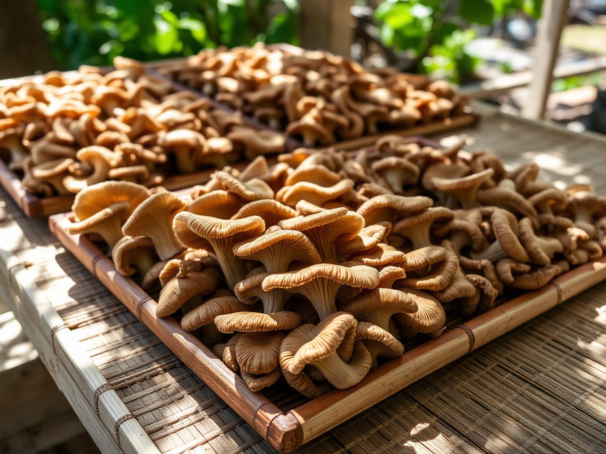 Fresh oyster mushrooms drying on bamboo trays in natural light
